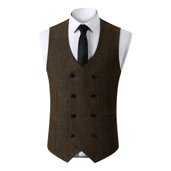 ZCFZJW Double Breasted Western Suit Vest for Men Herringbone Tweed Vest Retro Business Waistcoat Cowboy Style Fall Outwear Coffee XS