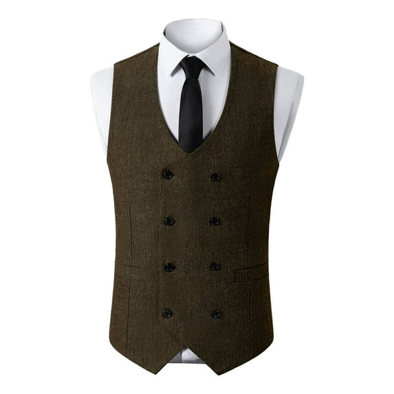 ZCFZJW Double Breasted Western Suit Vest for Men Herringbone Tweed Vest Retro Business Waistcoat Cowboy Style Fall Outwear Coffee XXXL