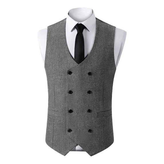ZCFZJW Double Breasted Western Suit Vest for Men Herringbone Tweed Vest Retro Business Waistcoat Cowboy Style Fall Outwear Gray M