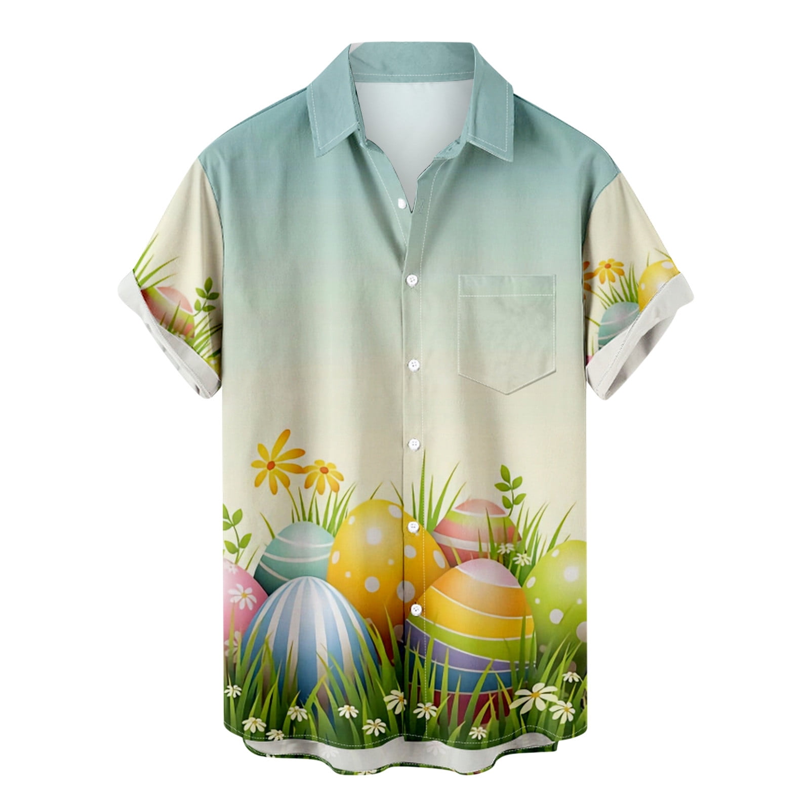 Zcfzjw Easter Shirts for Men Casual Button Down Short Sleeve Cute Easter Eggs Print Collared T-shirts Big and Tall Regular Fitted Comfy Hawaiian