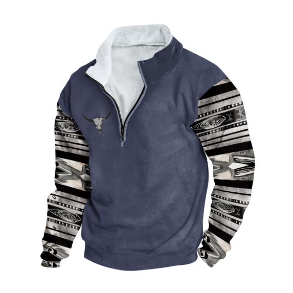 ZCFZJW Ethnic Style Print Long Sleeve Western Shirts for Men 1/4 Zip up Stand Collar Vintage Pattern Graphic Big and Tall Regular Fit Comfy Pullover Sweatshirts Trendy Athletic Tops Navy XXXXXL