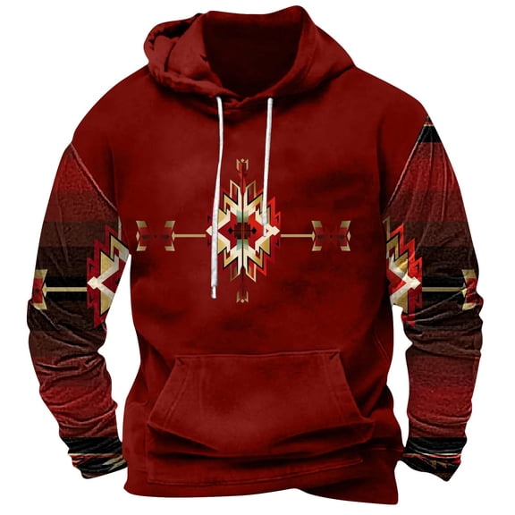 ZCFZJW Ethnic Style Print Western Sweatshirts for Men Regular Fit Casual Long Sleeve Vintage Aztec Print Drawstring Hooded Pullover Tops Lightweight Comfy Pocket Hoodie Outwear Coat L