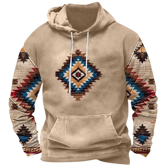 ZCFZJW Ethnic Style Print Western Sweatshirts for Men Regular Fit Casual Long Sleeve Vintage Aztec Print Drawstring Hooded Pullover Tops Lightweight Comfy Pocket Hoodie Outwear Coat M