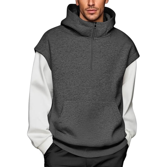ZCFZJW Fake Two Piece Hoodies for Men Lightweight Casual Patchwork Long Sleeve Quarter Zip up Hooded Pullover Sweatshirts Fashion Splicing Hoodie Tops with Pockets Dark Gray M