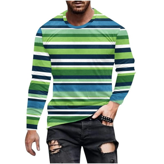 ZCFZJW Fall Crewneck Sweatshirts for Men Colorful Striped Print Long Sleeve Graphic Athletic T-Shirts Loose Lightweight Casual Pullover Tops Green#02 L