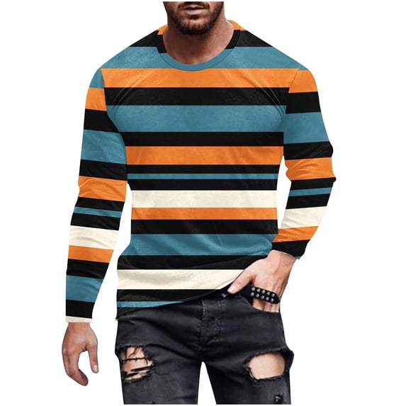 ZCFZJW Fall Crewneck Sweatshirts for Men Colorful Striped Print Long Sleeve Graphic Athletic T-Shirts Loose Lightweight Casual Pullover Tops Multicolor#02 M