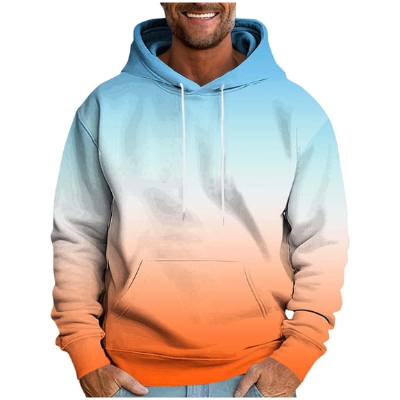 ZCFZJW Fall Hooded Sweatshirts for Men Drawstring Long Sleeve Tie Dye Gradient Color Print Hoodie Outwear Tops Lightweight Cotton T-Shirts with Pockets Orange L