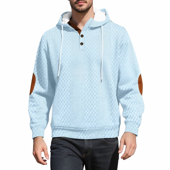 ZCFZJW Fall Hoodie Tops for Men Lightweight Casual Waffle Knit 1/4 Button up Long Sleeve Drawstring Hooded Pullover Sweatshirts Loose Regular Fit Comfy Athletic T-Shirts with Pockets Light Blue L