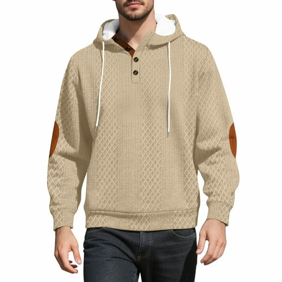 ZCFZJW Fall Hoodie Tops for Men Lightweight Casual Waffle Knit 1/4 Button up Long Sleeve Drawstring Hooded Pullover Sweatshirts Loose Regular Fit Comfy Athletic T-Shirts with Pockets Khaki XXXL