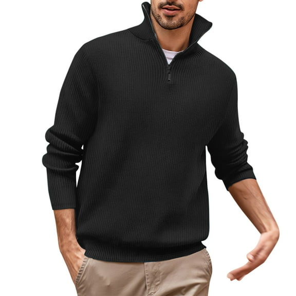 ZCFZJW Fall Mens Casual Ribbed Long Sleeve Half Zipper up Sweaters Trendy Solid Lightweight Soft High Neck Knitted Pullover Tops Thin Jacket Black M