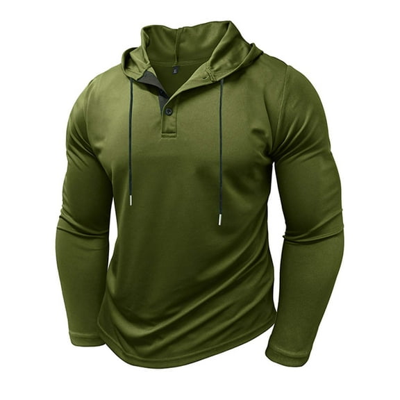 ZCFZJW Fall Mens Fashion 1/4 Button Henley Hoodie Shirts Loose Regular Fit Casual Long Sleeve Pullover Sweatshirts Trendy Drawstring Hooded Outwear Tops Army Green S