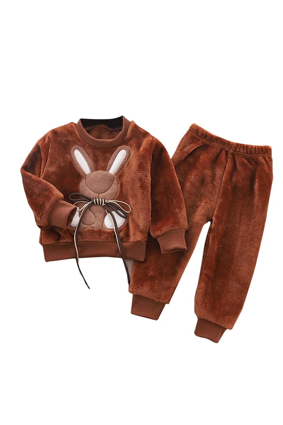 Fall Winter Toddler Kids Sherpa Fleece Warm Outfit Clothes Long Sleeve Cute Rabbit Pattern Print Crew Neck Pullover Sweatshirts Tops and Long Pants Two Piece Set Brown 2 Years
