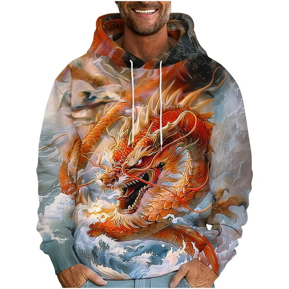 ZCFZJW Fashion 3D Dragon Graphic Pullover Tops for Men Lightweight Casual Drawstring Long Sleeve Funny Graphic Hooded Sweatshirts Big and Tall Regular Fit Cozy Hoodie Outwear Coat Multicolor#07 L
