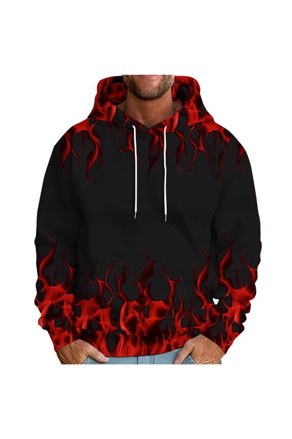 Fashion 3D Flame Pattern Print Long Sleeve Hooded Sweatshirts for Men Big and Tall Regular Fit Casual Drawstring Graphic Hoodie Outwear Coat Tops with Pocket Red L