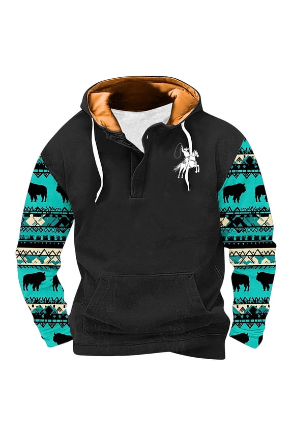Fashion Aztec Ethnic Style Print Hooded Sweatshirts for Men Regular Fit Casual Long Sleeve Patchwork Henley Hoodie T-Shirts Western Drawstring Pullover Tops with Pockets XXL