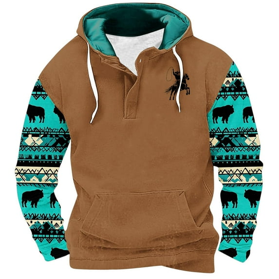ZCFZJW Fashion Aztec Ethnic Style Print Hooded Sweatshirts for Men Regular Fit Casual Long Sleeve Patchwork Henley Hoodie T-Shirts Western Drawstring Pullover Tops with Pockets L