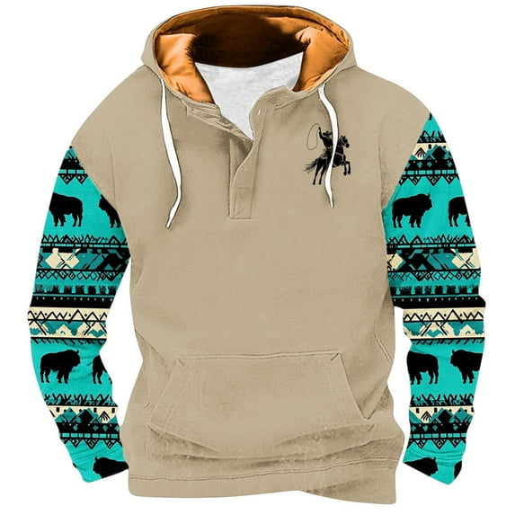 ZCFZJW Fashion Aztec Ethnic Style Print Hooded Sweatshirts for Men Regular Fit Casual Long Sleeve Patchwork Henley Hoodie T-Shirts Western Drawstring Pullover Tops with Pockets XL