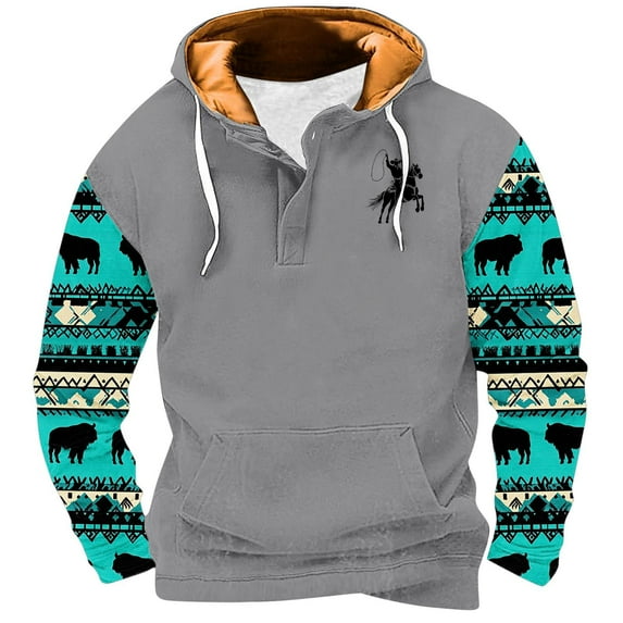 ZCFZJW Fashion Aztec Ethnic Style Print Hooded Sweatshirts for Men Regular Fit Casual Long Sleeve Patchwork Henley Hoodie T-Shirts Western Drawstring Pullover Tops with Pockets L