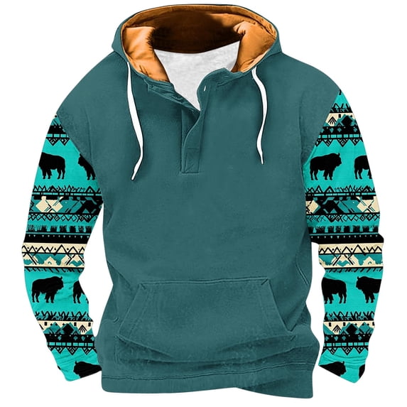 ZCFZJW Vintage Aztec Patchwork Print Long Sleeve Hooded Sweatshirts for Men Ethnic Style Pattern 1/4 Button Graphic Western Hoodie Tops Trendy Cozy Pullover Sweatshirt with Pockets XL