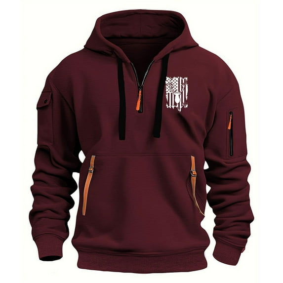 ZCFZJW Fashion Cargo Hoodies for Men Quarter Zip Pullover Tactical Sweatshirt Vintage USA Flag Print Long Sleeve Casual Patriotic Hoodie Outwear Tops with Pockets XXXL