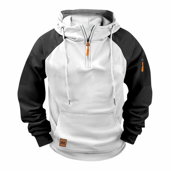 ZCFZJW Fashion Color Blcok Hoodie Tops for Men Lightweight Casual Fall Winter Long Sleeve Drawstring Hooded Sweatshirts Trendy Tactical Hoodies Outwear Coat with Multi-Pockets White S