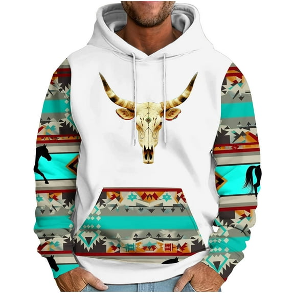 ZCFZJW Fashion Ethnic Style Print Hooded Sweatshirts for Men Vintage Aztec Pattern Graphic Long Sleeve Casual Drawstring Hoodie Tops Trendy Cozy Outwear Coat with Pocket White M