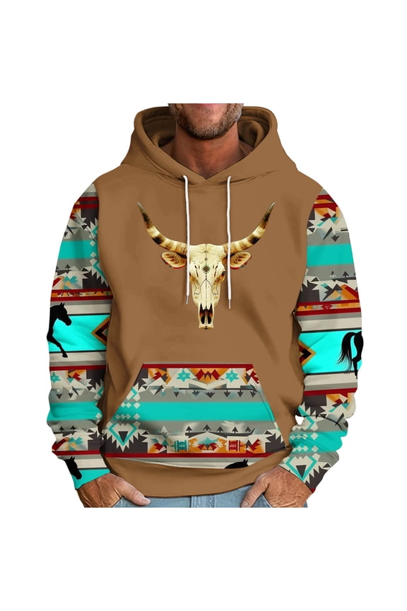 Fashion Ethnic Style Print Hooded Sweatshirts for Men Vintage Aztec Pattern Graphic Long Sleeve Casual Drawstring Hoodie Tops Trendy Cozy Outwear Coat with Pocket Khaki XXL