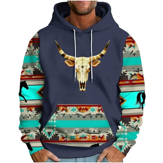 ZCFZJW Fashion Ethnic Style Print Hooded Sweatshirts for Men Vintage Aztec Pattern Graphic Long Sleeve Casual Drawstring Hoodie Tops Trendy Cozy Outwear Coat with Pocket Navy M
