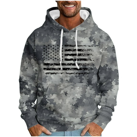 ZCFZJW Fashion Hooded Sweatshirts for Men Lightweight Regular Fit Casual Camo US Flag Print Long Sleeve Drawstring Hoodie Outwear Coat Patriotic Tops with Pocket Black XXXL