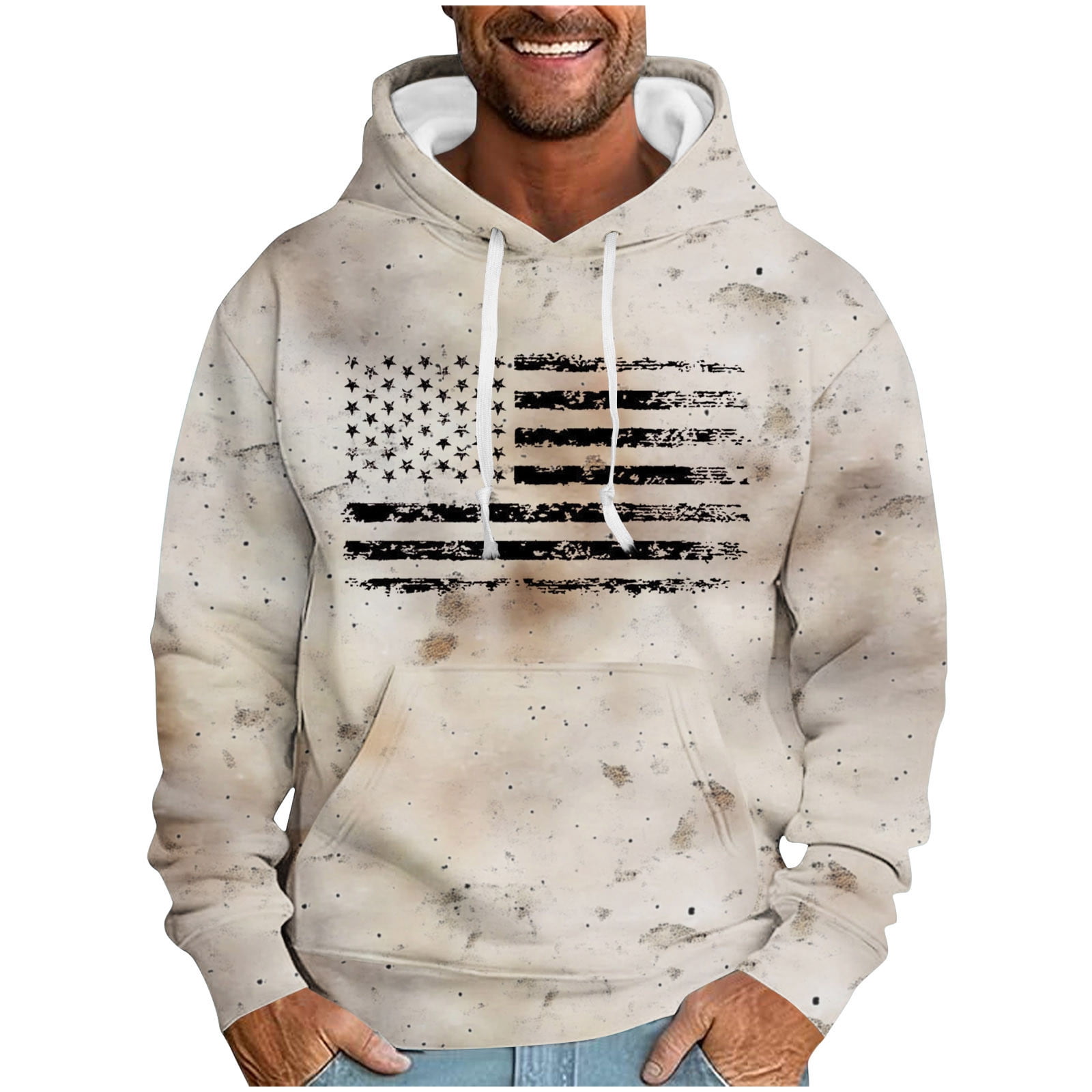 ZCFZJW Fashion Hooded Sweatshirts for Men Lightweight Regular Fit Casual Camo US Flag Print Long Sleeve Drawstring Hoodie Outwear Coat Patriotic Tops with Pocket Beige M