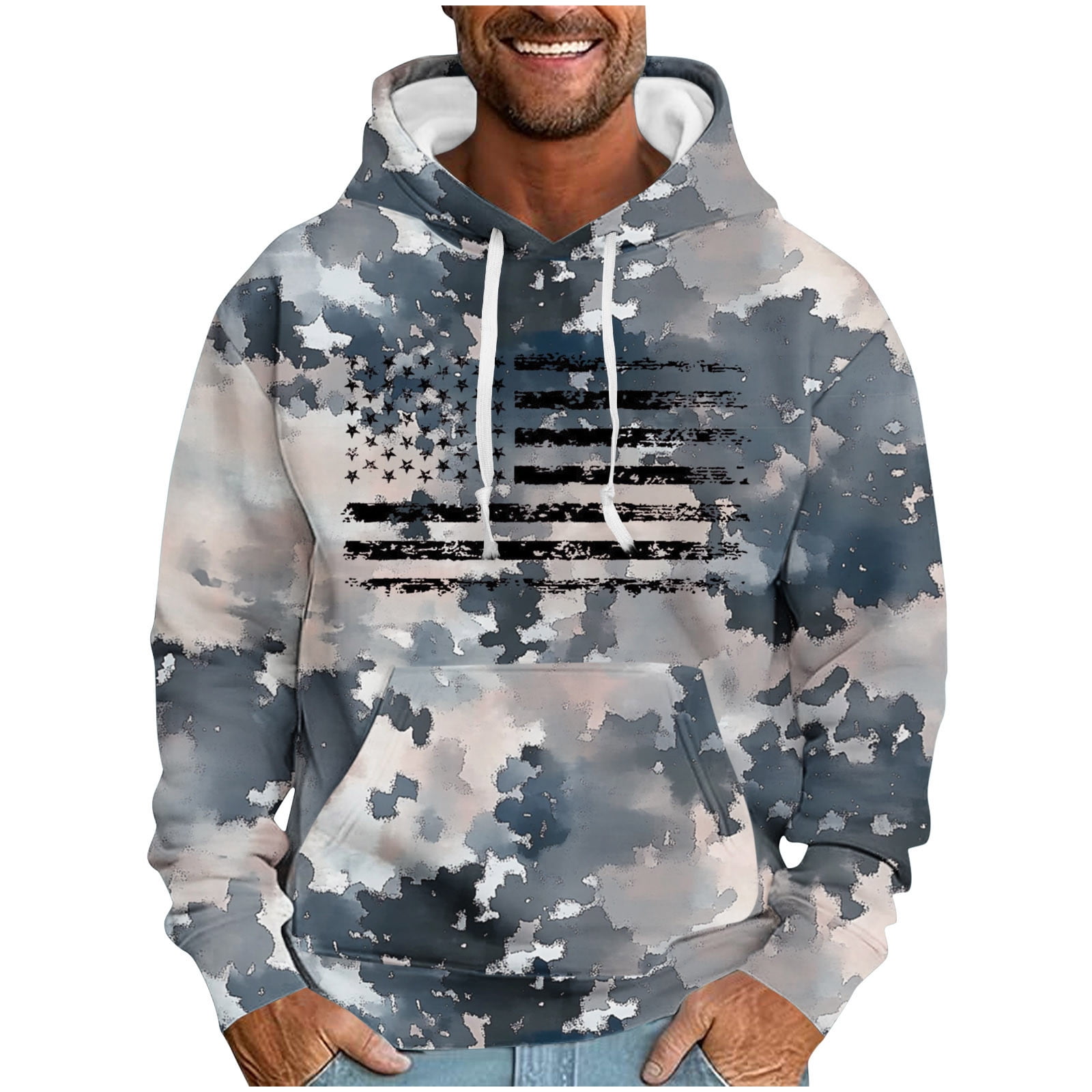 ZCFZJW Fashion Hooded Sweatshirts for Men Lightweight Regular Fit Casual Camo US Flag Print Long Sleeve Drawstring Hoodie Outwear Coat Patriotic Tops with Pocket Blue L
