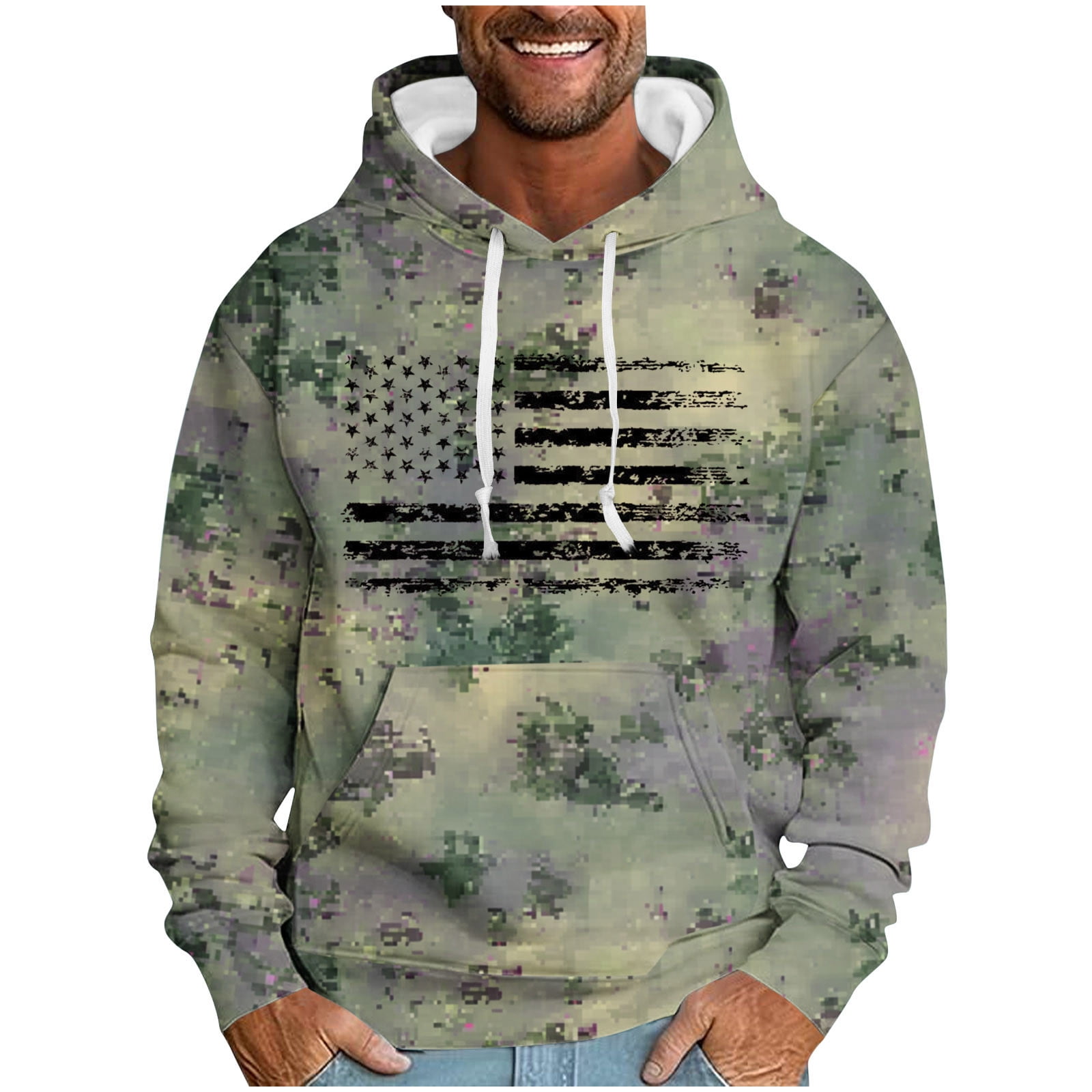 ZCFZJW Fashion Hooded Sweatshirts for Men Lightweight Regular Fit Casual Camo US Flag Print Long Sleeve Drawstring Hoodie Outwear Coat Patriotic Tops with Pocket Army Green XL