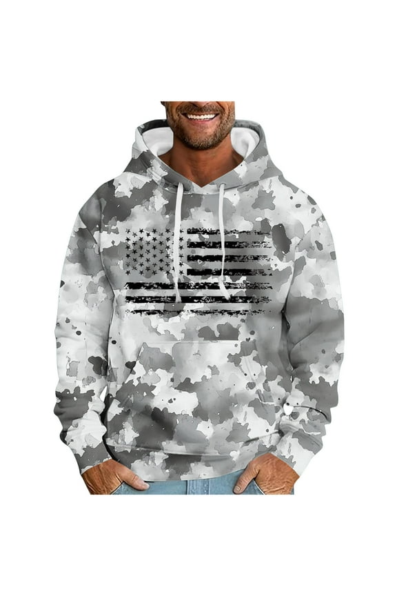 Fashion Hooded Sweatshirts for Men Lightweight Regular Fit Casual Camo US Flag Print Long Sleeve Drawstring Hoodie Outwear Coat Patriotic Tops with Pocket Gray L