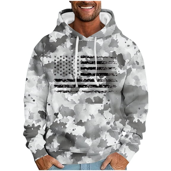 ZCFZJW Fashion Hooded Sweatshirts for Men Lightweight Regular Fit Casual Camo US Flag Print Long Sleeve Drawstring Hoodie Outwear Coat Patriotic Tops with Pocket Gray L