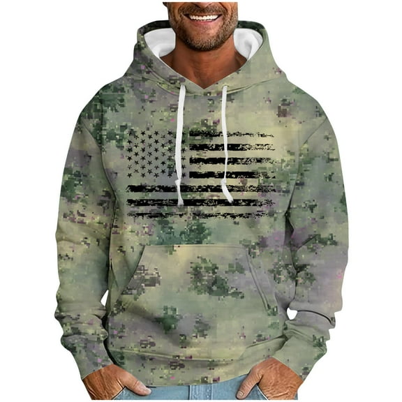 ZCFZJW Fashion Hooded Sweatshirts for Men Lightweight Regular Fit Casual Camo US Flag Print Long Sleeve Drawstring Hoodie Outwear Coat Patriotic Tops with Pocket Army Green XXXL