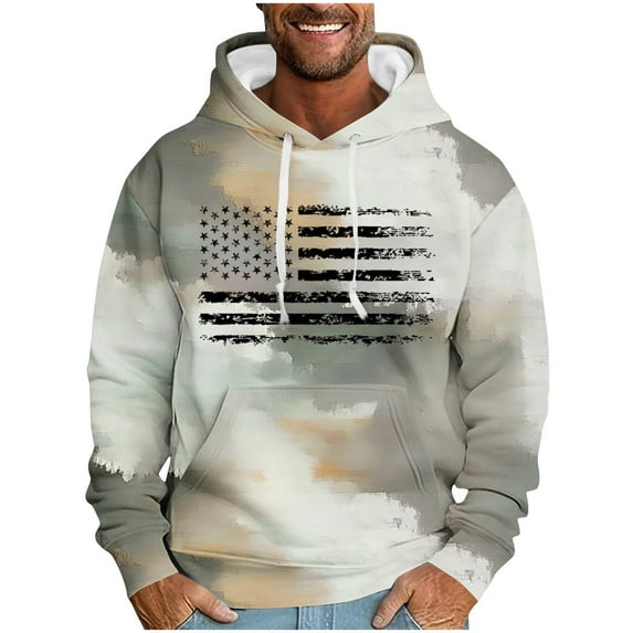 ZCFZJW Fashion Hooded Sweatshirts for Men Lightweight Regular Fit Casual Camo US Flag Print Long Sleeve Drawstring Hoodie Outwear Coat Patriotic Tops with Pocket Khaki M