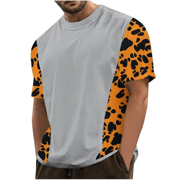 ZCFZJW Fashion Leopard T-Shirts for Men Casual Patchwork Short Sleeve Round Neck Graphic Tees Tops Loose Lightweight Comfy Pullover Tops Gray XXXXL