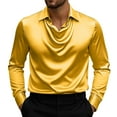 thumbnail image 1 of ZCFZJW Fashion Men's Cowl Neck Satin Blouse Long Sleeve Office Work Shirt Silk Top Trendy Regular Fit Plain Formal Wedding T-Shirts Tops Gold L, 1 of 8