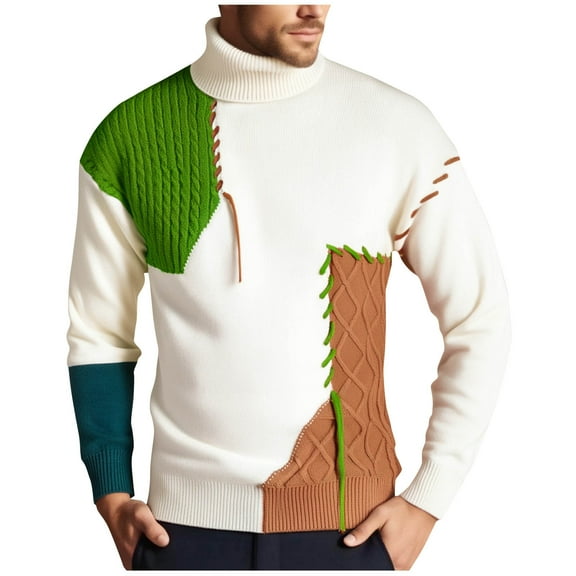ZCFZJW Fashion Mens Fall Winter Patchwork Sweater Lightweight Oversized Casual Long Sleeve Crewneck Colorblock Jumper Cable Knitted Pullover Jumper Tops Green M