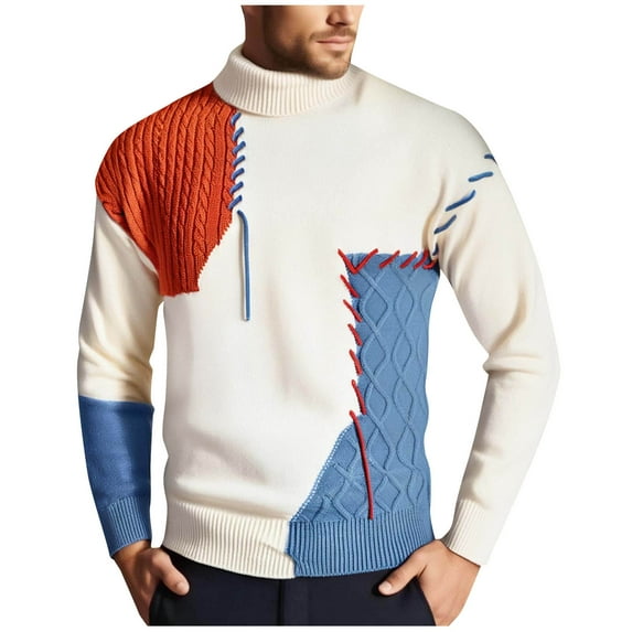 ZCFZJW Fashion Mens Fall Winter Patchwork Sweater Lightweight Oversized Casual Long Sleeve Crewneck Colorblock Jumper Cable Knitted Pullover Jumper Tops Blue XXL
