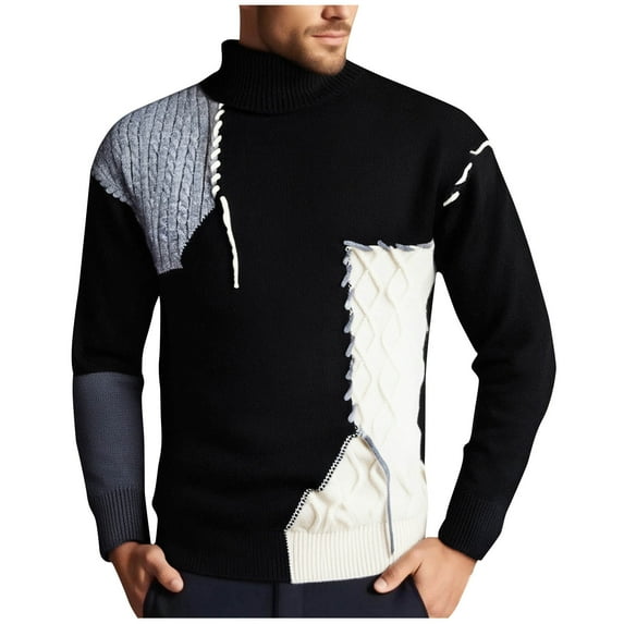 ZCFZJW Fashion Mens Fall Winter Patchwork Sweater Lightweight Oversized Casual Long Sleeve Crewneck Colorblock Jumper Cable Knitted Pullover Jumper Tops Black XXXL