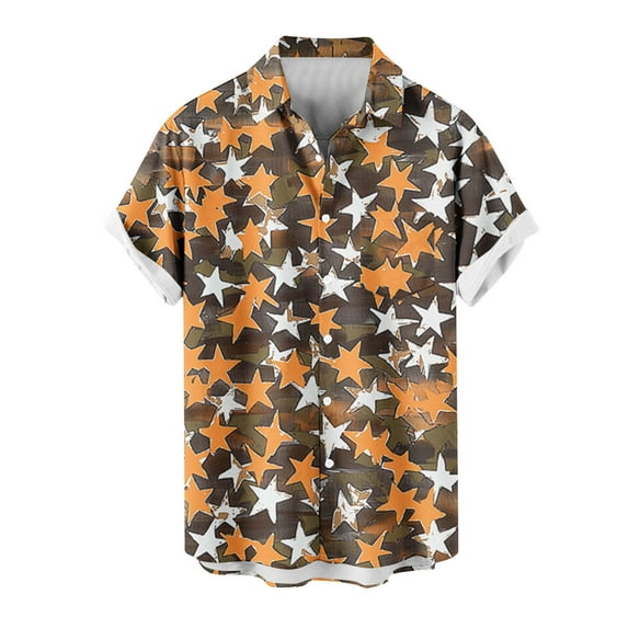 ZCFZJW Fashion Mens Hawaiian Shirts Vintage Stars Print Summer Short Sleeve Button Down Graphic T-Shirts Loose Regular Fit Beach Vacation Tees Tops Gold XXL
