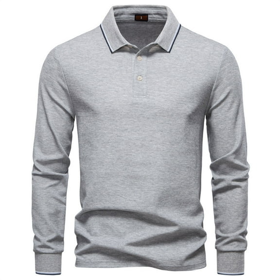 ZCFZJW Fashion Mens Polo Lightweight Classic Fit Long Sleeve Collared Soft Cotton Tees Shirt Trendy Solid Color Casual Business Office T-Shirts Gray XL