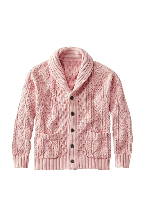 Fashion Mens Sweater Cardigan Button Down Shawl Collar Cable Knitted Outwear Long Sleeve Sweater Coats with Pockets Pink L