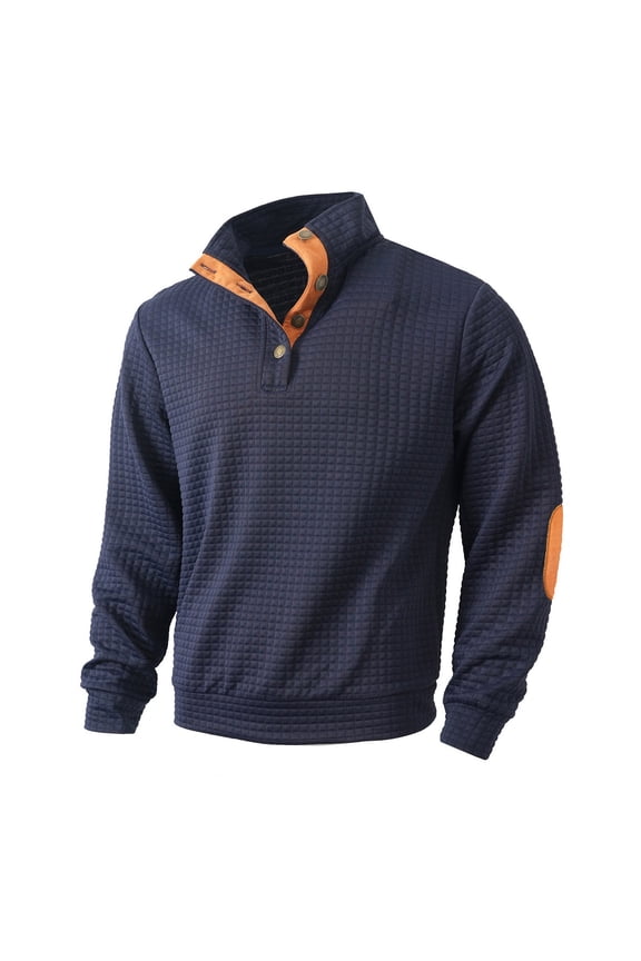 Fashion Mens Tees Shirt Waffle Knit Long Sleeve Button up Stand Collar Pullover Sweater Tops Lightweight Casual Basic Athletic T-Shirts with Elbow Patches Navy S