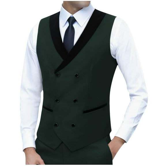 ZCFZJW Fashion Mens Tuxedo Vest Double Breasted Shawl Collar Slim Fit Waistcoat U Neck Suit Dress Wedding Formal Tuxdeo Army Green XXL