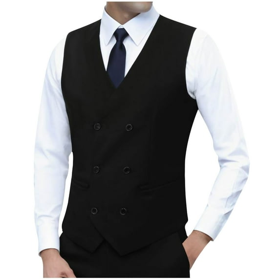 ZCFZJW Fashion Mens Tuxedo Vest Double Breasted Shawl Collar Slim Fit Waistcoat U Neck Suit Dress Wedding Formal Tuxdeo Black XL