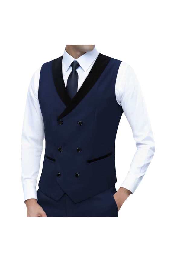 Fashion Mens Tuxedo Vest Double Breasted Shawl Collar Slim Fit Waistcoat U Neck Suit Dress Wedding Formal Tuxdeo Dark Blue M