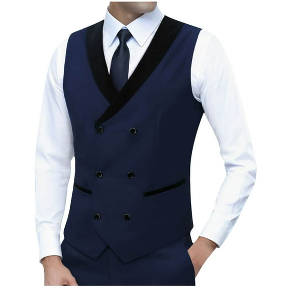 ZCFZJW Fashion Mens Tuxedo Vest Double Breasted Shawl Collar Slim Fit Waistcoat U Neck Suit Dress Wedding Formal Tuxdeo Dark Blue M
