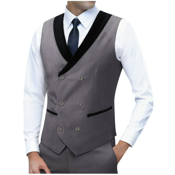ZCFZJW Fashion Mens Tuxedo Vest Double Breasted Shawl Collar Slim Fit Waistcoat U Neck Suit Dress Wedding Formal Tuxdeo Gray S